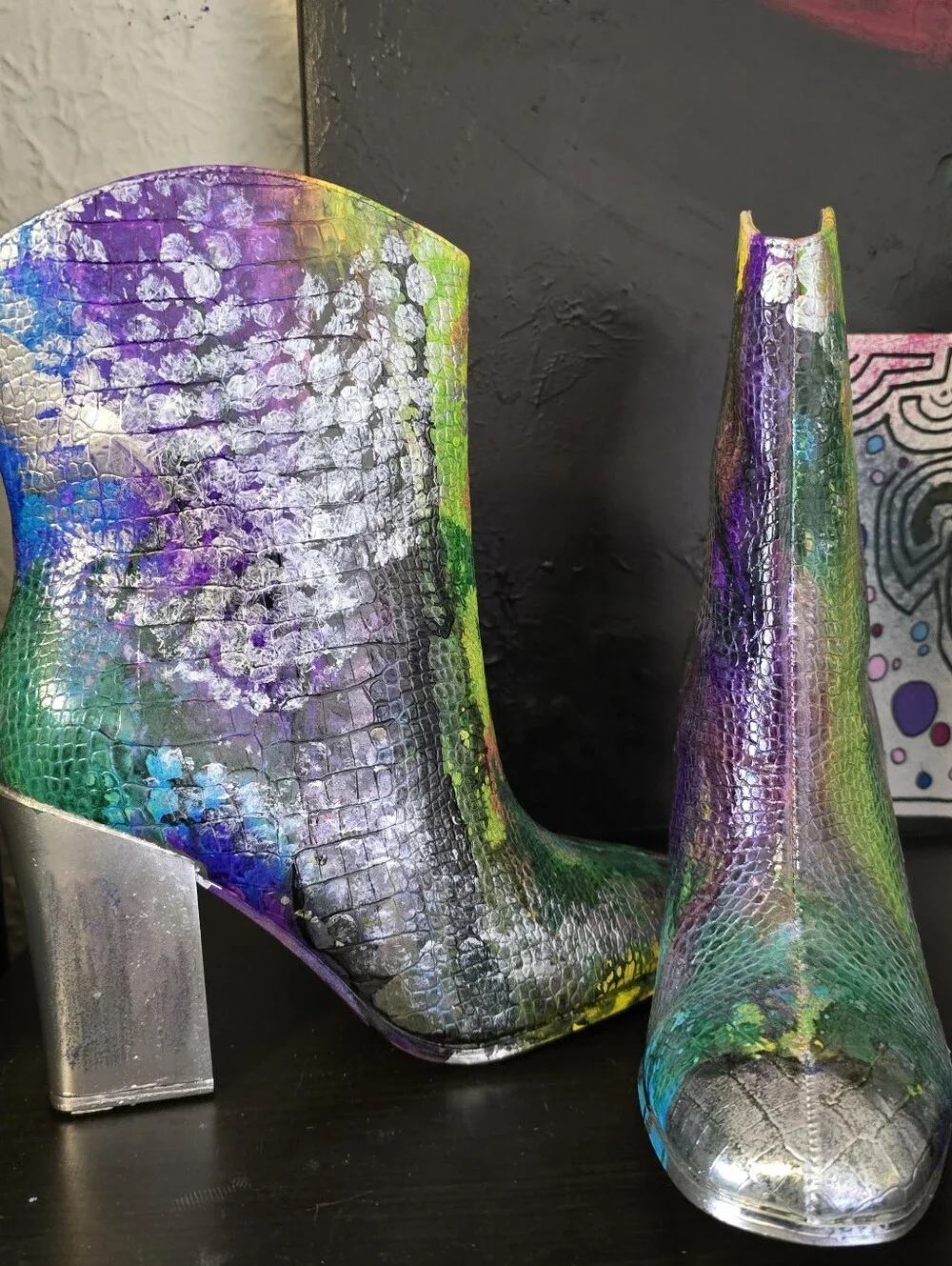 HANDCRAFTED Upcycled Ankle Boots HANDPAINTED Size 9.5 Bootie Snake Print Texture